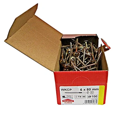 Imagen de Klimas Tornillos para madera de cabeza multiusos plato torx construcción tejado amarillo 6x80 mm 100 uds.