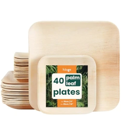 Imagen de HAAGO 40 Platos de Hoja Palma, Dos Tamaños (15cm &amp; 25cm, 20 cada uno, Cuadrados) Compostables y Desechables Vajilla Picnic Se Congela Recalienta en Microondas
