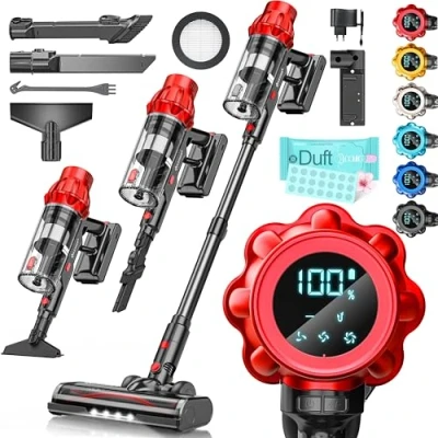 Imagen de KESSER® Aspiradora inalámbrica con batería de hasta 70 minutos funcionamiento y silencioso, pantalla LED, sin bolsa, cepillo antienredos para suelos duros, alfombra pelo animales