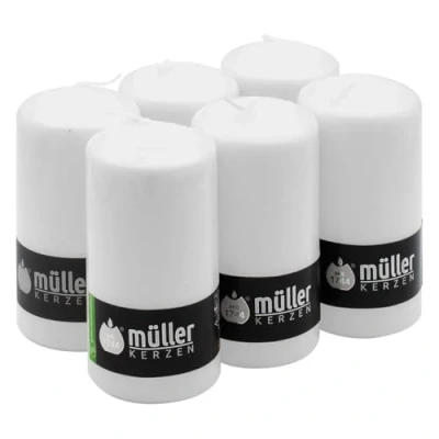 Imagen de Müller Juego de 6 velas blancas columna cilíndrica, color blanco, 68 x 135 mm, larga duración 40 horas, cera antigoteo, sin olor, calidad RAL