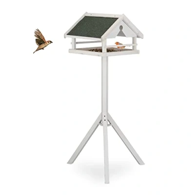 Imagen de Relaxdays Comedero Pájaros con Soporte, Techo Resistente a Intemperie, Casa Alimentación, Madera, 120x62x55 cm, Blanco