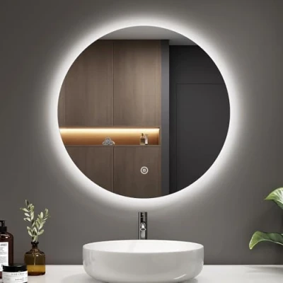 Imagen de EMKE Espejo de baño con iluminación, Redondo, 50 cm, Interruptor táctil, Regulable, 6500 K, Apagado automático Durante 3 Horas, Redondo IP44,