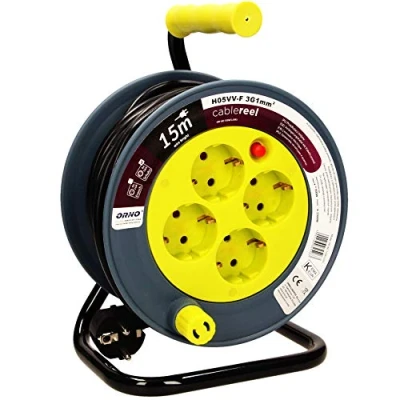 Imagen de Orno AE 1339 Mini Tambor de Cable 15m con 4 tomas corriente, soporte metal y protección térmica (Amarillo)
