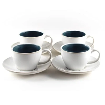 Imagen de Hanseküche Juego de 4 Tazas café cappuccino (180 ml) gres y paredes gruesas con platillos (azul)