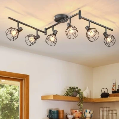 Imagen de Dehobo Lámpara de Techo Ajustables y Giratorios con 6 Focos E14 LED, Lampara Foco Retro para Interiores Dormitorio Cocina, Sin Bombilla E14, Max. 40W (cada bombilla)