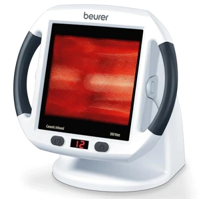 Imagen de Beurer IL 50 Lámpara por infrarrojos compacta, 300 W, cristal cerámico, inclinación ajustable, con ventilador, alivio para dolores musculares, cervicales, color blanco, 30 x 40 cm