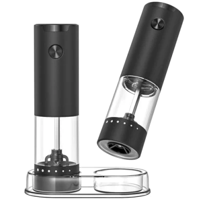 Imagen de CIRCLE JOY Juego de Molinillos Eléctricos Sal y Pimienta Molinillo Especias a Batería con Base, Recipiente Transparente Lavable 95ml, Luz LED Blanca Aspereza Ajustable, Negro