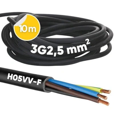 Imagen de Kalitec H05VV F cable de manguera (10 m, 3 x 2,5 mm², alimentación G2,5 con conductor protección, PVC para interiores, eléctrico negro, lámpara