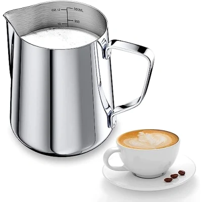 Imagen de jarra de leche, espumador mano acero inoxidable 350 ml, espumadora leche para café taza con perfecta barista