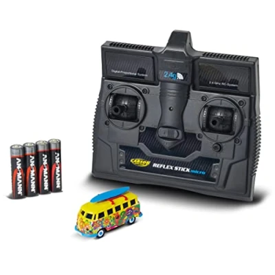 Imagen de Carson 500504150 1:87 VW T1 Bus Flower Power 100% RTR Modelo Listo para Conducir, Mando a Distancia de 2,4 GHz con conexión Carga, Incl. 4xAAA Pilas emisor, iluminación LED, Manual