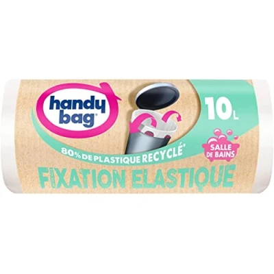 Imagen de Handy Bag Bolsas de basura para baño con fijación elástica, 10 x 15 bolsas, especial pequeñas basuras Mantiene la bolsa en su lugar Máxima impermeabilización Fondo antifugas 100%