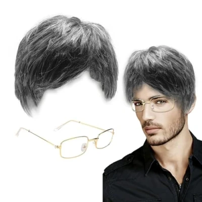 Imagen de XNIVUIS 2 Piezas Pelucas para Hombre con Gafas,Pelucas Abuelo,Pelucas Anciano,Peluca Gris Oscuro, Accesorios de Disfraces Halloween Carnaval Fiestas Cosplay (Set B)