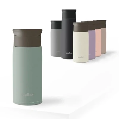 Imagen de eppikan EppiToGo Termo de Acero Inoxidable, taza aislada, Travel Mug, Coffee to go, para Coche, 350 ml, 500 viaje, antigoteo con Apertura 360º higiénica (Powder Green, ml)