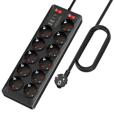 Imagen de HEEKIM Regleta Enchufes USB, 4000W 16A con 11 Toma de Corriente y 2 USB A C Puertos, Interruptores, Enchufe Multiple Cable Extensión 2M para Hogar, Oficina, Escuela Negro