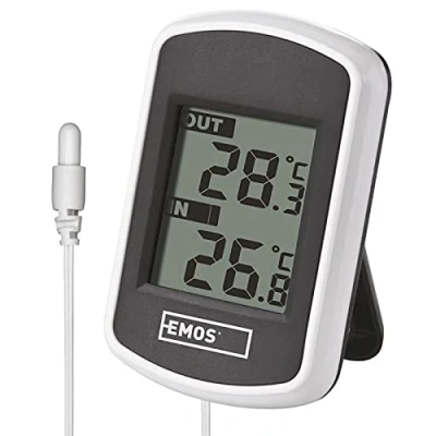 Imagen de EMOS E0041 Termómetro Digital para Exteriores e Interiores con alimentador, Cable, Funciona Pilas, plástico, Blanco