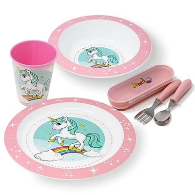 Imagen de damaloo Set de Vajilla infantil Unicornio para Niñas Plato, Vaso, Bol y Cubiertos Infantiles, Conjunto Desayuno, Almuerzo Cena, Reutilizable Libre BPA