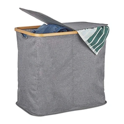 Imagen de Relaxdays Cesto para la Ropa Sucia con Tapa, Plegable, Bambú &amp; Tela, Dos Compartimentos, 74L, 1 Ud., Gris