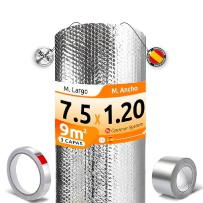 Imagen de AISLANTE Termico Reduce el Frio y Calor 100% ALUMINIOAislante para Ventana, Pared, Suelo, Techo, Coche, Garaje, Camper, Aire Acondicionado [ 1.20 X 7.5m ] (9m²) + 2 cintas adhesivas