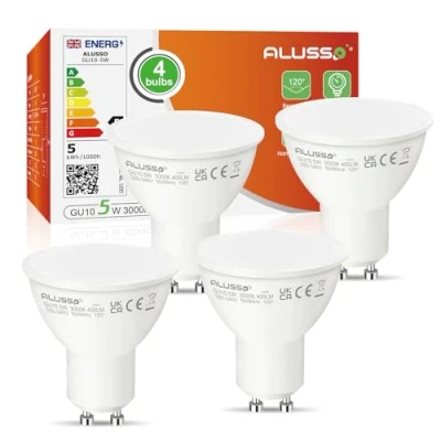Imagen de ALUSSO 5W Bombilla LED GU10, Blanco Cálido 3000K 400Lm, equivalente a 50W Halógena, 120 ángulo de haz, no regulable, paquete 4