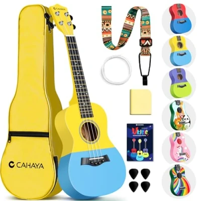 Imagen de CAHAYA23 Pulgadas Ukelele Para Niños De Cuatro Cuerdas Madera Tilo Ideal Como Regalo Incluye Bolsa Transporte, Amarillo Azul