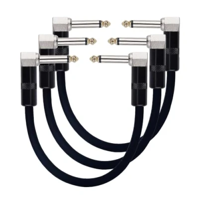 Imagen de Rayzm Guitarra Cable Patch 1/4 Silencioso Pedalera Cable, Derecha Masculino de ángulo para Hombre Instrumento Alambre Guitarra/Bajo Pedales Efectos (Pack 3, Negro)