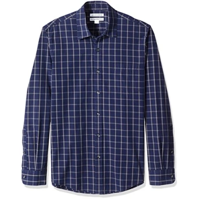 Imagen de Amazon Essentials Camisa de Popelín Manga Larga y Ajuste Entallado Hombre, Azul Marino Cuadros Ventana, S