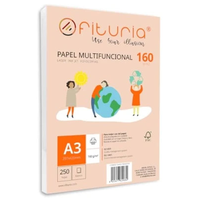 Imagen de Paquete de folios A3 160gr con 250 Hojas Blancas, Papel Multifuncional para Uso Escolar y Entornos Laborales. Ideal impresoras láser, inyección o fotocopiadoras Ofituria