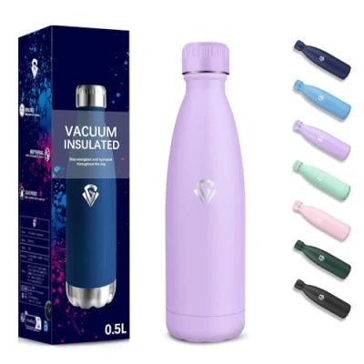 Imagen de Botella Agua Acero Inoxidable, 500 ml Libre de BPA, Termica, Aislamiento al Vacío Boble Pared, Cantimplora, 304 Cantimplora Termica para Escuela, Cámping Morado claro