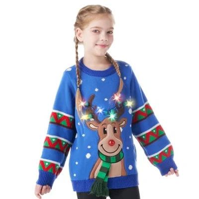 Imagen de JOYIN Suéter de Navidad para niños con luces LED, diseño reno feo, bombillas integradas niñas y (rojo/azul), azul, 10 12 Años