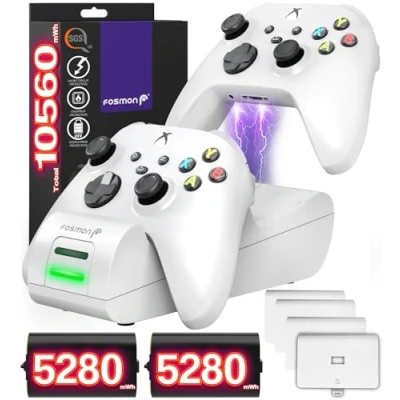 Imagen de Fosmon Dual 2 MAX Cargador Compatible con Mando Xbox Series X/S (2020), One/One X/One S Elite Controller, (Doble Estación) Estación de Carga Rápida 2x 2200mAh Ni MH Batería Recargable Blanco