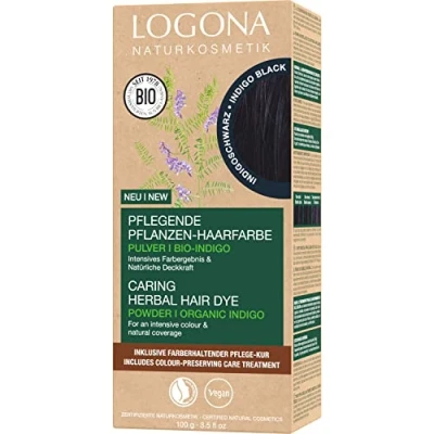 Imagen de LOGONA Naturkosmetik Tinte vegetal nutritivo para el cabello, polvo vegano con índigo orgánico un color intenso y brillo, en negro (negro), 1 x 100 g