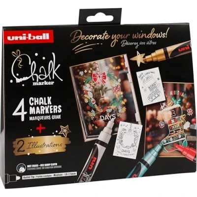 Imagen de UNI Ball 186831 Juego de marcadores tiza Xmas trad, 4 con 2 plantillas, CHALK MARKER, para ventanas