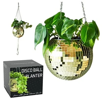 Imagen de SCANDINORDICA Maceta de Bola Discoteca Colgador Plantas Discoteca, Espejo con Purpurina Cadena y Cuerda macramé, Colgante Bohemia Decoración