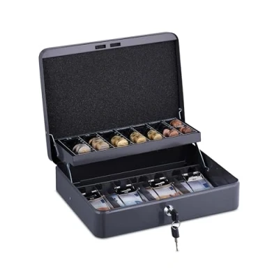 Imagen de Relaxdays Caja de Dinero, con Cerradura, Hierro, Bandeja para Monedas y 4 Espacios Billetes, 8,5x30,5x24,5 cm, Gris