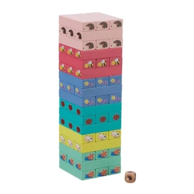 Imagen de Relaxdays Juego Torre de Madera, 51 Bloques para Apilar con Dado, Diseño Colores y Animales, 26x7,5x7,5cm, Multicolor