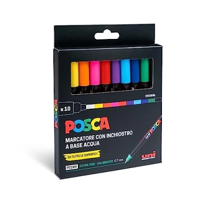 Imagen de Posca UniPosca Juego completo con 10 Rotuladores de punta extrafina 0,7 mm. acrílicos Uni, ideales como colores para niños y artistas, trabajos creativos, tela