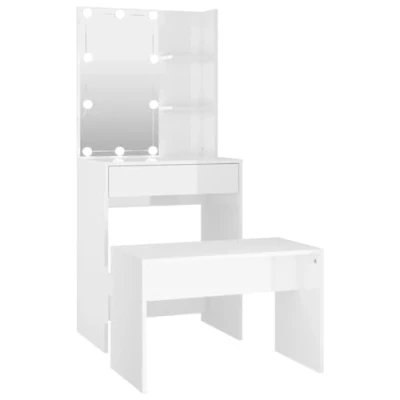 Imagen de vidaXL Juego de Tocador con LED Mesa Maquillaje Cosméticos Joyería Taburete Almacenamiento Dormitorio Madera Contrachapada Blanco Brillante