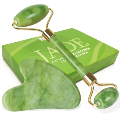Imagen de LAC FOR YOU Piedra Gua Sha Facial y Rodillo Jade Autentico Masajeador Antiarrugas Skincare Kit para Cara