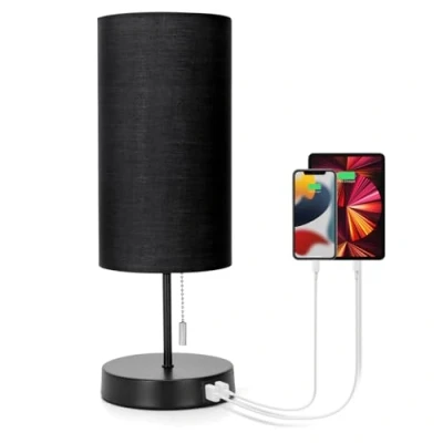 Imagen de Aigostar Lampara de Mesa con 2 Puertos Carga USB, Lamparas Mesita Noche Interruptor Tracción, Base Metal, Lámpara Escritorio Vintage para Sala Estar, Dormitorio, Oficina Negro