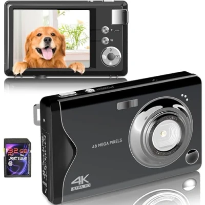 Imagen de Fine Life Pro cámara digital, 4K HD 1080P, 48MP, compacta, mini digital con tarjeta SD de 32 GB FHD, pantalla LCD, zoom 16 x para principiantes (negro)