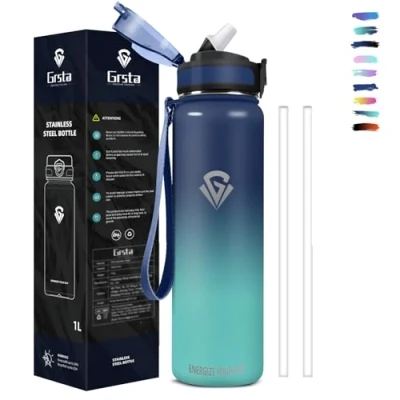 Imagen de Grsta Botella Agua Acero Inoxidable, 1 litro, con Pajita a Prueba de Fugas, Cerradura Segura, Gimnasio sin BPA, Doble Pared al Vacío, Para Deportes, Camping, Ciclismo