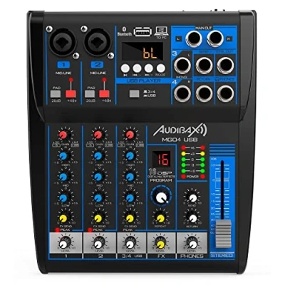 Imagen de Audibax MG04 USB Mesa de Mezclas Sonido Mezclador Audio 4 Canales Interfaz Reproductor y Grabador Conexión Bluetooth MP3 DSP Multiefectos Alimentación 48 V Phantom Power