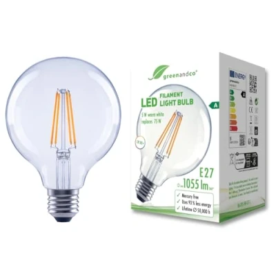 Imagen de greenandco bombilla de filamento LED transparente E27 G95 5W 1055lm sustituye A 75W 2700K blanco cálido 320 230V sin parpadeo clase energética no regulable
