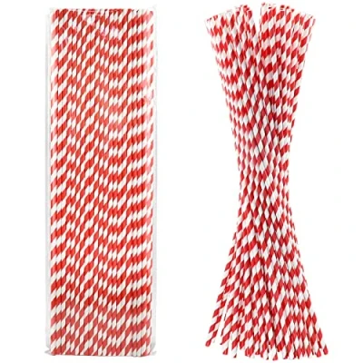 Imagen de bastoncillos de papel extra largos 46 cm para bebidas grandes, bricolaje manualidades, algodón azúcar tiras rojas/blancas, 100 unidades 100% biodegradables