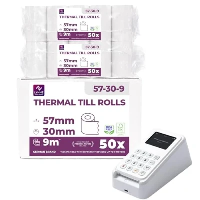 Imagen de Papel térmico 57mm x 9m 12mm ideal para máquinas de tarjetas Crédito Rollos todos los TPV y las impresora térmica (57x30x12) Blanco Sin BPA (50 Rollos)
