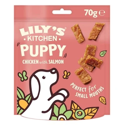 Imagen de Lily&#039;s Kitchen Elaborado con ingredientes naturales paquete de golosinas para cachorros trocitos pollo salmón receta sin cereales 8 x 70g