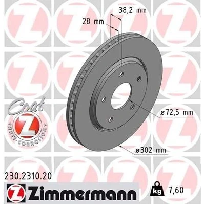 Imagen de ZIMMERMANN COAT Z 230.2310.20 Disco de freno 302 28 5/5 5 127 ventilación externa revestido CHRYSLER: VOYAGER 4, GRAND 5OYAGER 5, DODGE: Journey MPV