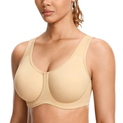 Imagen de SYROKAN Sujetador Deportivo Mujer con Aros Alto Impacto Tallas Grandes Tirantes Ajustables Batido Bronceado 110C