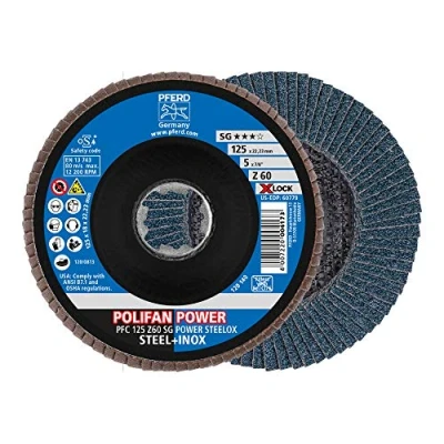 Imagen de PFERD Disco de abanico Polifan Power 10 unidades, 125 mm, Z60, X Lock (22,23 mm), SG Steelox 67786126 para máxima eficiencia gracias a la descomposición agresiva.