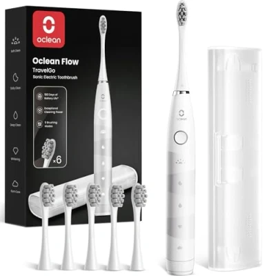 Imagen de Oclean Cepillo electrico sónico TravelGo FlowSet, Recarga cada 180 días, 5 Modos, IPX7 Impermeable, Temporizador de 2 minutos, 6 Cabezales DuPont™, Estuche viaje, Blanco